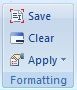 The Formatting group options from the Planning ribbon. Options are Save, Clear, and Apply