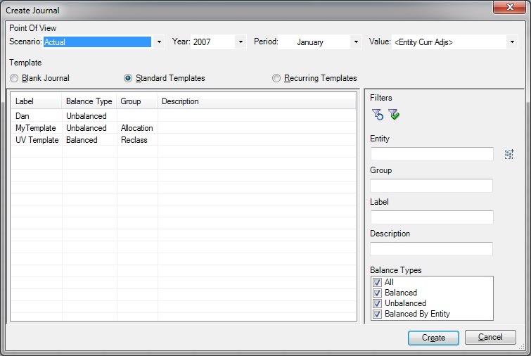 The Create Journal dialog box