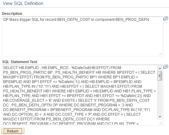 SQL 定義の表示ページ