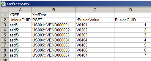クロスリファレンス値マップのインポートに使用するサンプルの csv ファイル