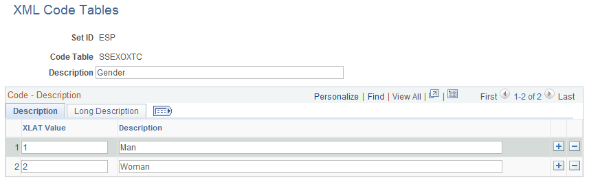 XML コード テーブル ページ