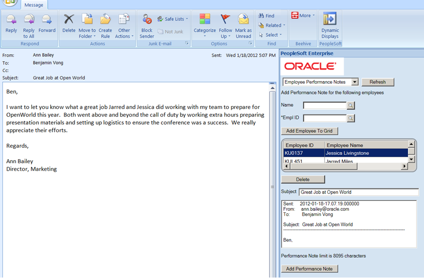 管理者が Outlook からの評価メモを追加