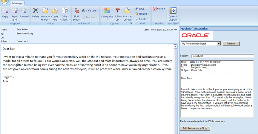 従業員が Outlook からの評価メモを追加