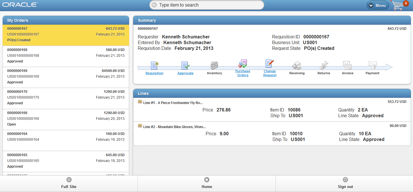 モバイル eProcurement の [担当オーダー] (タブレットでの表示)