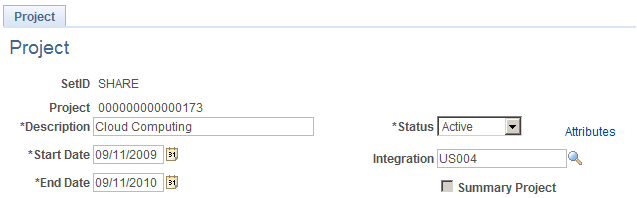 プロジェクト ページ - PeopleSoft プロジェクト コスト管理アプリケーションがインストールされている場合