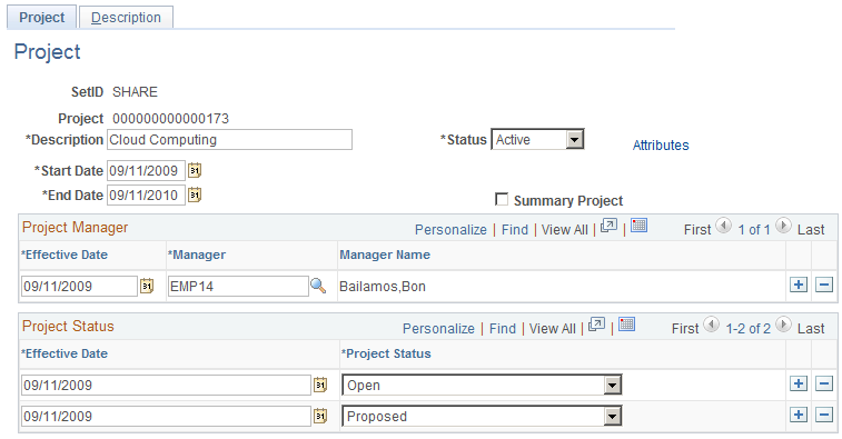 プロジェクト ページ - PeopleSoft プロジェクト コスト管理アプリケーションがインストールされていない場合