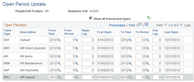 PeopleSoft 売掛金管理のオープン期間更新ページ
