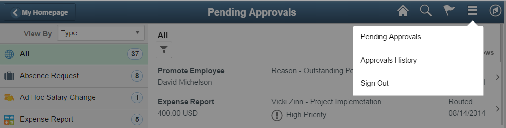 承認ページの [アクション メニュー] ドロップダウン リスト