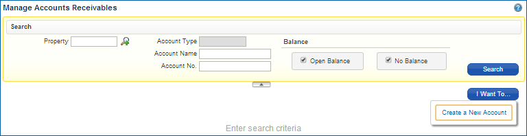 Manage Accounts Receivables Search Screen with I Want To option
