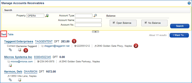 Manage Accounts Receivables Search Screen with Text display