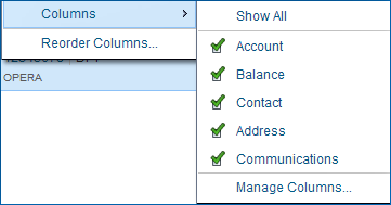 Accounts Receivables Search Screen View Columns menu