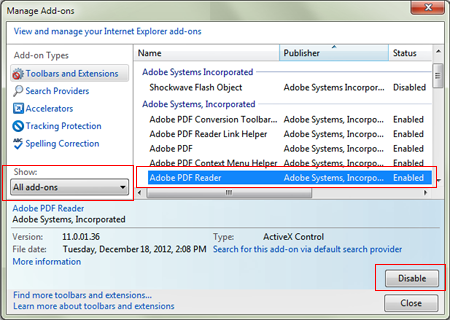 Internet Explorer Adobe PDF Add-on Enabled
