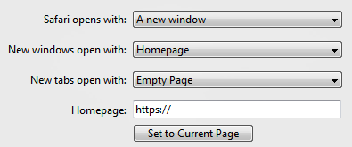 Safari set Homepage URL and for new windows