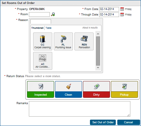 Out of Order - Set Rooms Out of Order screen