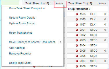 Task Sheets - Actions options