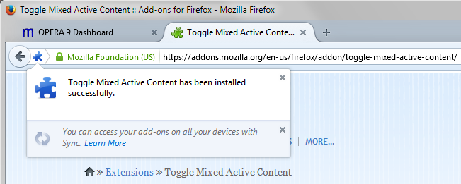 Firefox Mixed Active Content Add on Extension installed