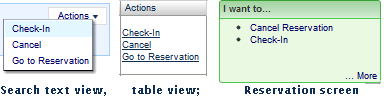 Reservation Actions - available in search text view, table view, Reservation screen