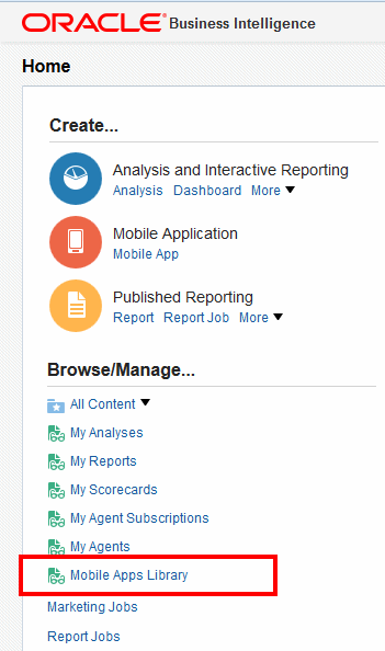 Apps Library link displayed on BIEE home page