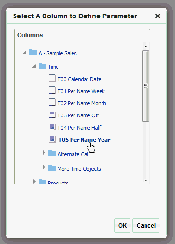 Selecting a column to define a parameter