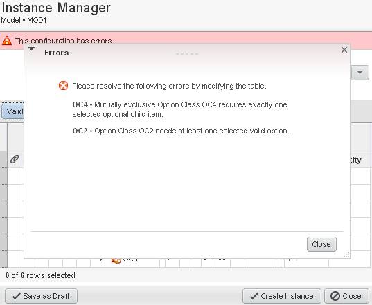 Example of validation error in instance manager