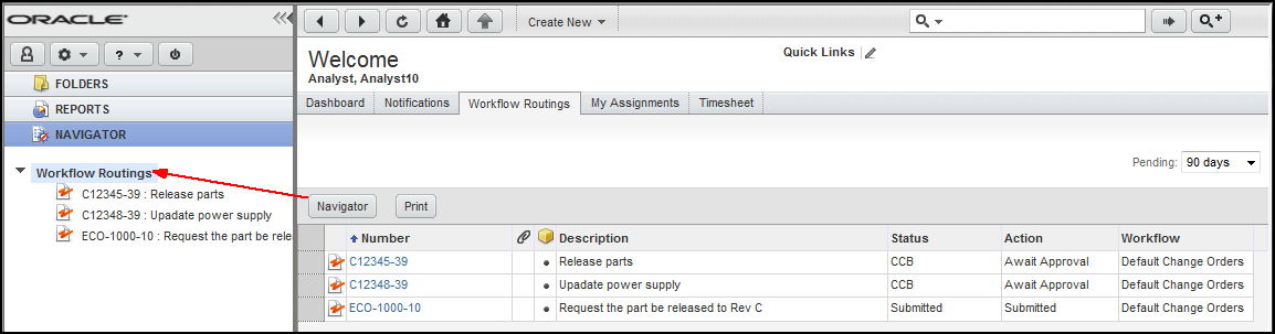 Workflow routings list displayed in the Navigator drawer