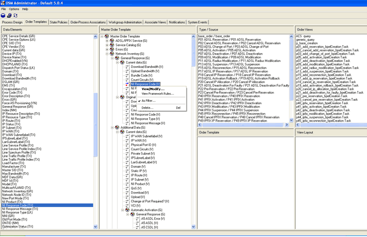 Screen capture of OSM Administrator Order Template window