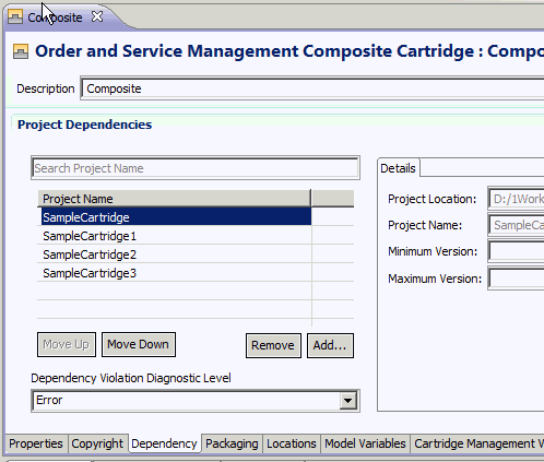 Screen capture of the composite cartridge Dependency tab