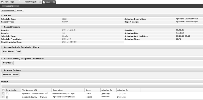 Report Output Details page
