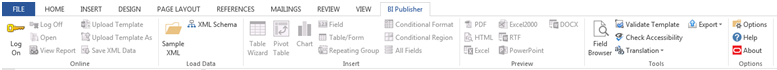 Word Ribbon with BI Publisher Plug-in Installed
