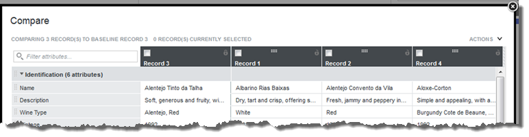 ベースライン・レコードが選択された「比較」ダイアログ
