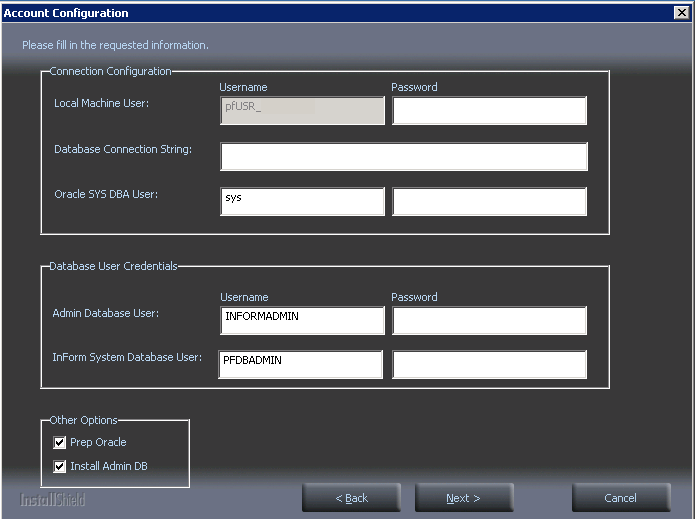 Database configuration page