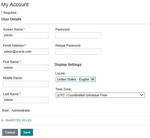 My Account page, which includes the locale setting