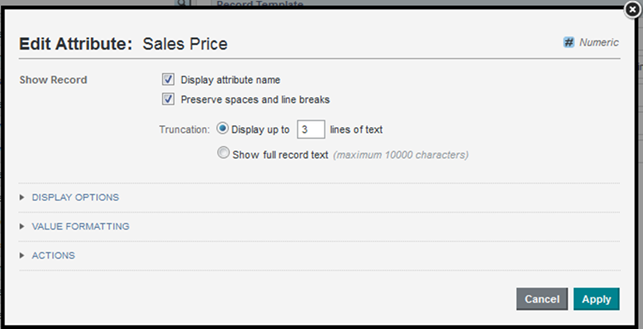 Edit Attribute Display dialog for configuring a Results List attribute