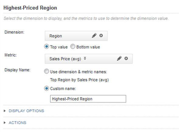 Selected dimension and metric for a dimension spotlight summary item