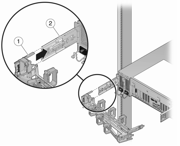 image:图中显示了如何将滑轨连接器安装到左侧滑轨延伸杆中