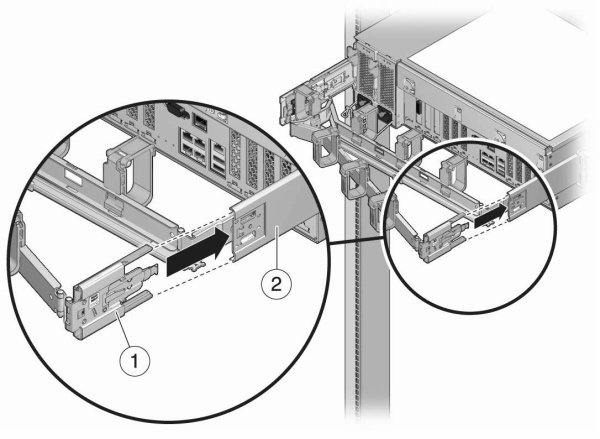 image:图中显示了如何将滑轨连接器安装到右侧滑轨延伸杆中