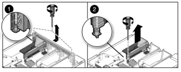image:图中显示了如何移除 7120 或 7320 控制器 PCIe 卡插槽交叉开关