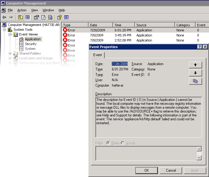 image:응용 프로그램 로그 및 Microsoft Management Console을 사용하는 오류 이벤트 등록 정보 대화 상자 보기