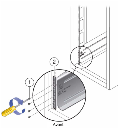 Illustration présentant l'insertion de vis dans quatre trous avant de chaque rail du rack image:Illustration présentant l'insertion de vis dans quatre trous avant de chaque rail du rack