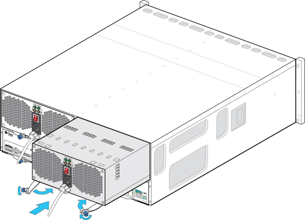 illustration présentant comment installer un module d'alimentation d'un Sun Disk Shelf image:illustration présentant comment installer un module d'alimentation d'un Sun Disk Shelf