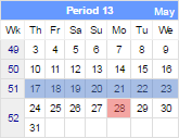 This image shows the current date and the financial week that includes the same day last week.
