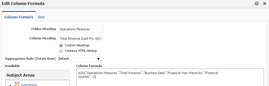 This screenshot shows the Total Revenue column customized as Total Revenue (Last Fin. Qtr) with the applied custom date calculation.