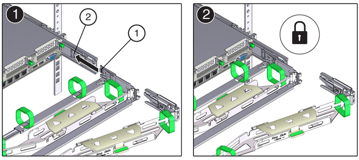 This figure shows the CMA connector B being installed into the right slide-rail.