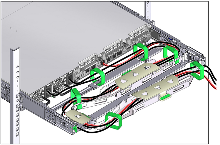 Figure showing CMA with cables installed, cable covers closed, and cables secured with Velcro straps.