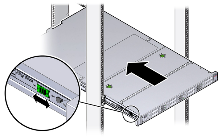 Figure showing the server being inserted into the rack.