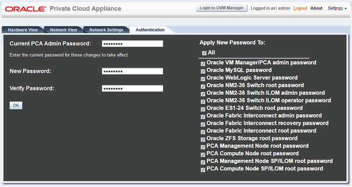 Screenshot showing the Authentication tab of the Oracle Private Cloud Appliance Dashboard.