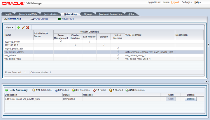 Screenshot showing the Networking tab of the Oracle VM Manager user interface.