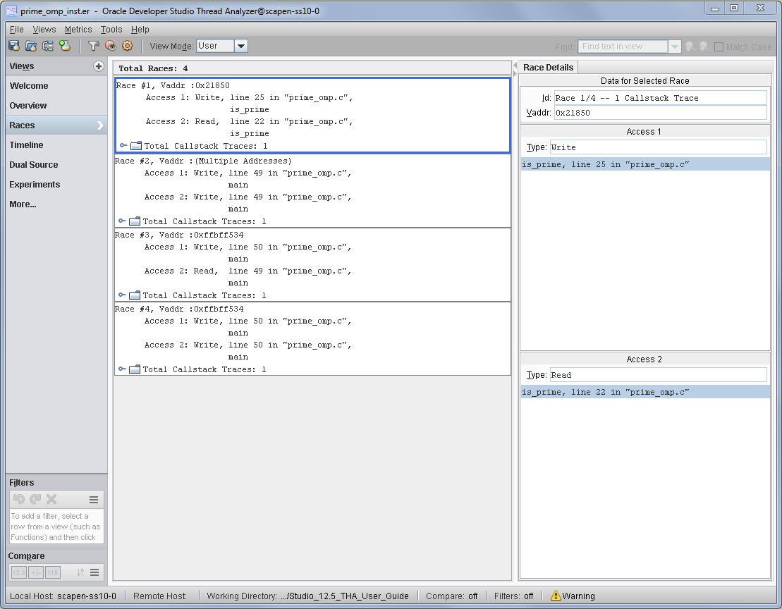 image:OpenMP プログラムでのデータの競合の呼び出しスタックトレースを示す「競合の詳細」ウィンドウが表示されたスレッドアナライザのスクリーンショット