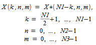 image:X(k,n,m) = X * (N1 - k,n,m),{}改行{} k = {N1 / 2} + 1,...,N1 - 1 {}改行{} n = 0, ...,N2 - 1 {}改行{} m=0,...,N3 - 1