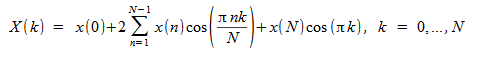 image:X(k) = x(0) + 2 × {n=1} から {N-1} までの x(n) cos ((πnk) / N) の合計 + x(N) cos (πk), k=0,...,N